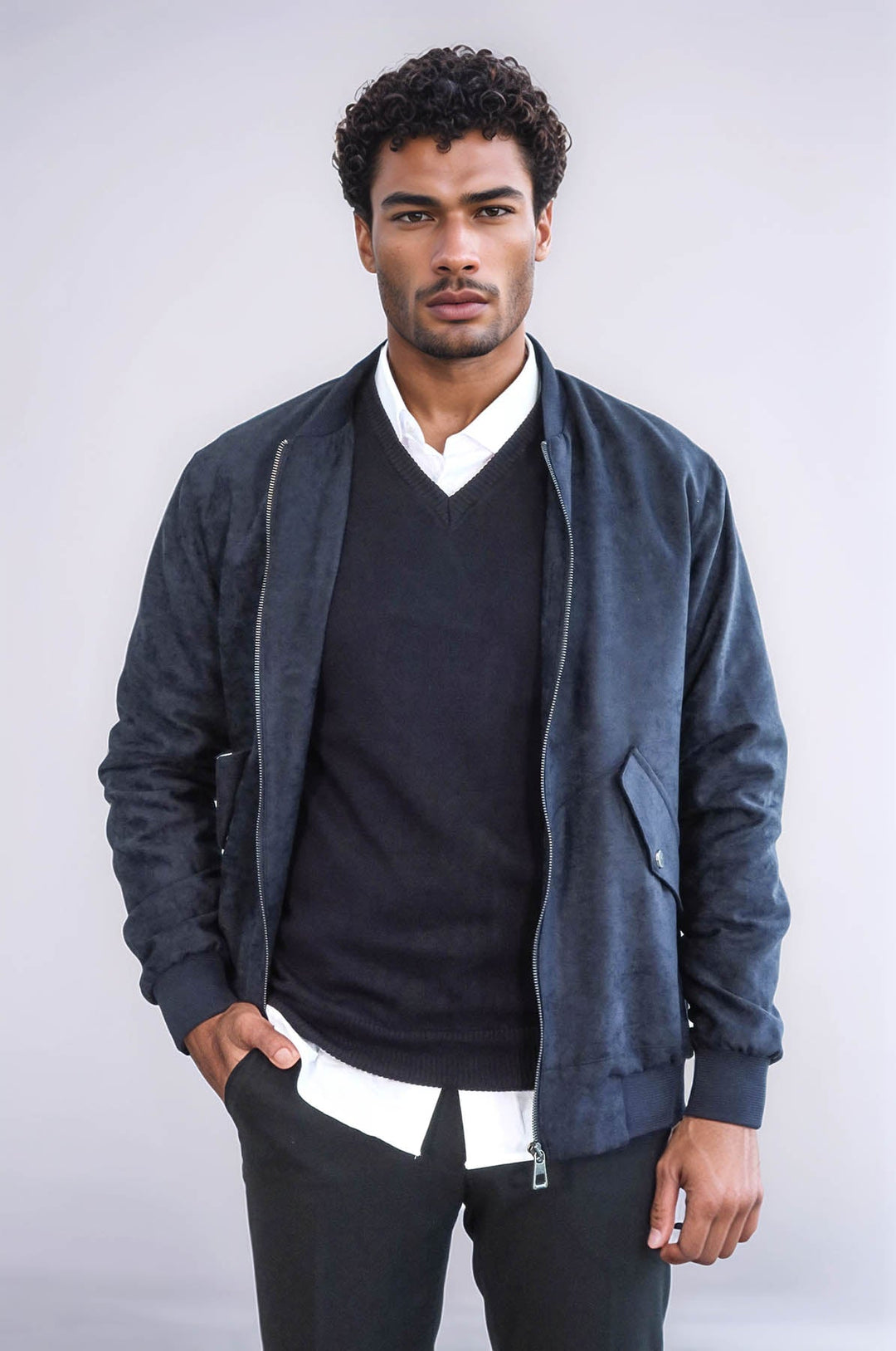 WSS Flap Pockets Suede Dark Blue Men Bomber Coat  - The Acreage