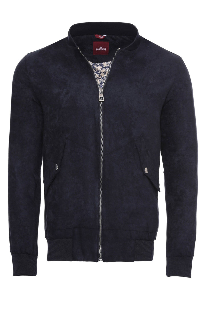 WSS Flap Pockets Suede Dark Blue Men Bomber Coat  - Singen