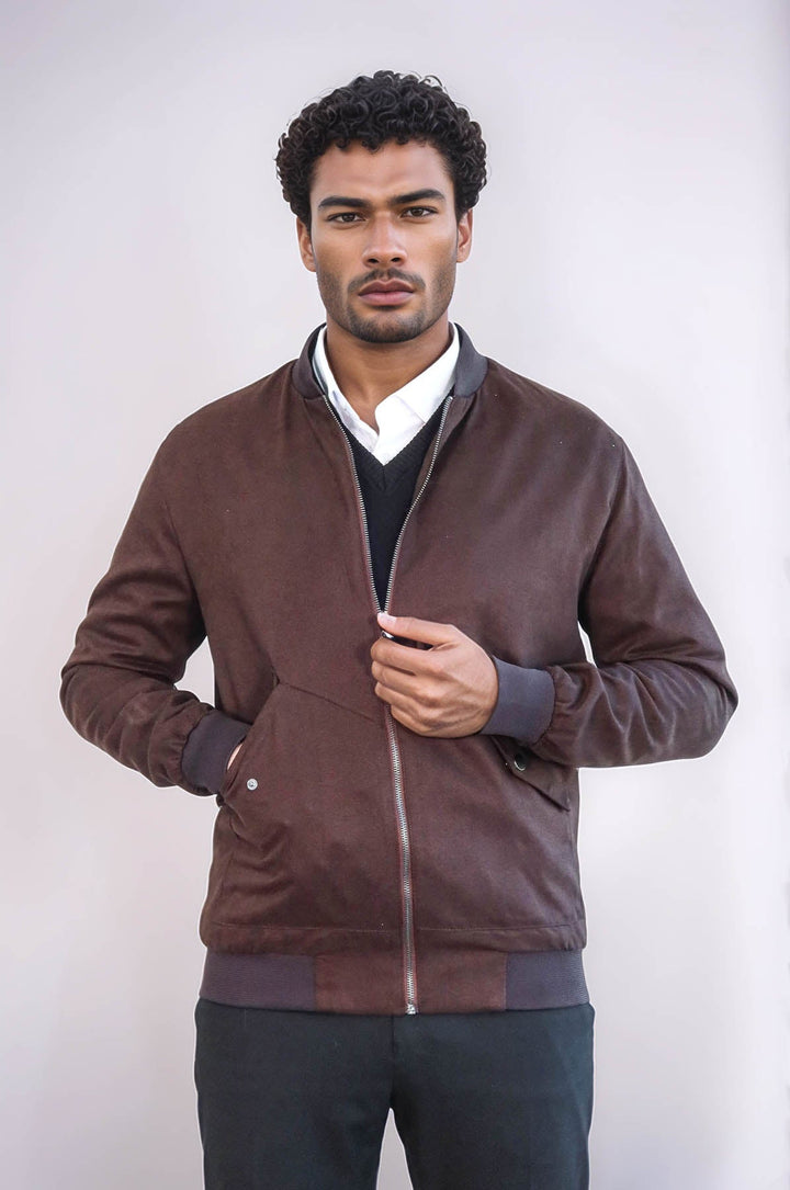 WSS Flap Pockets Suede Brown Men Bomber Coat  - Grand Junction