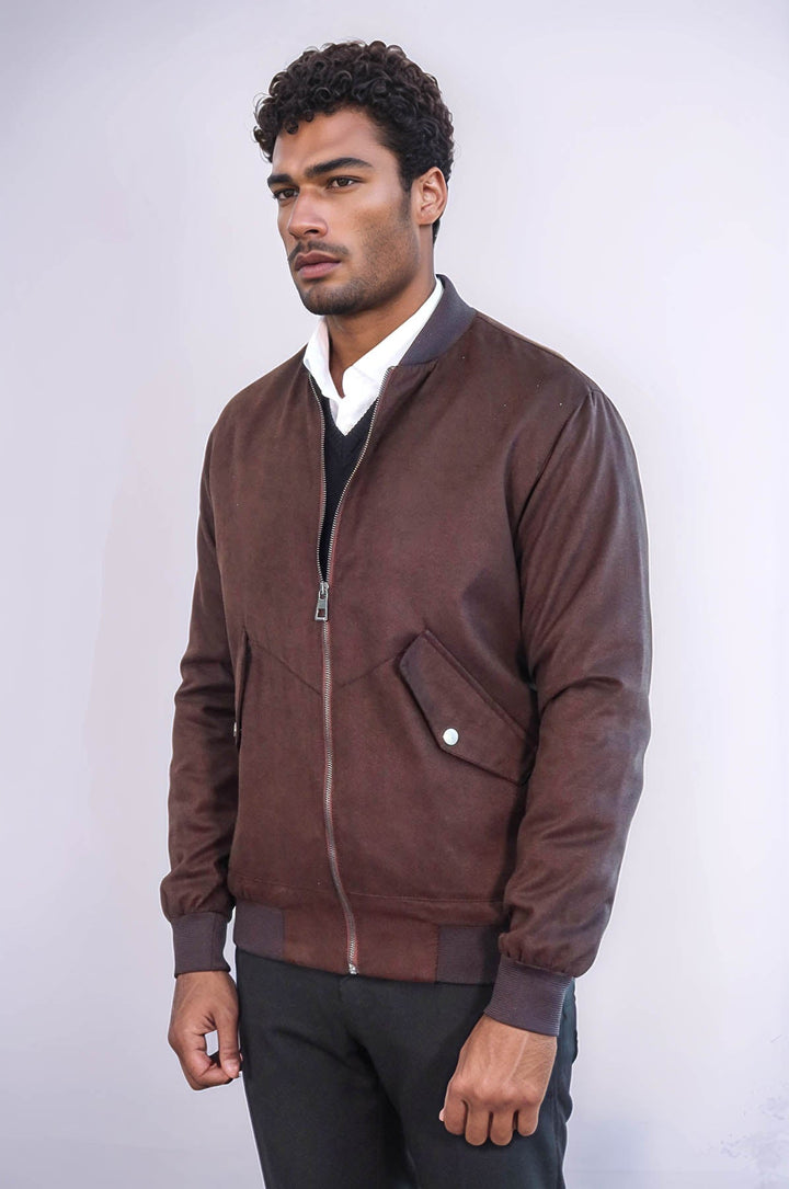 WSS Flap Pockets Suede Brown Men Bomber Coat  - Grand Junction