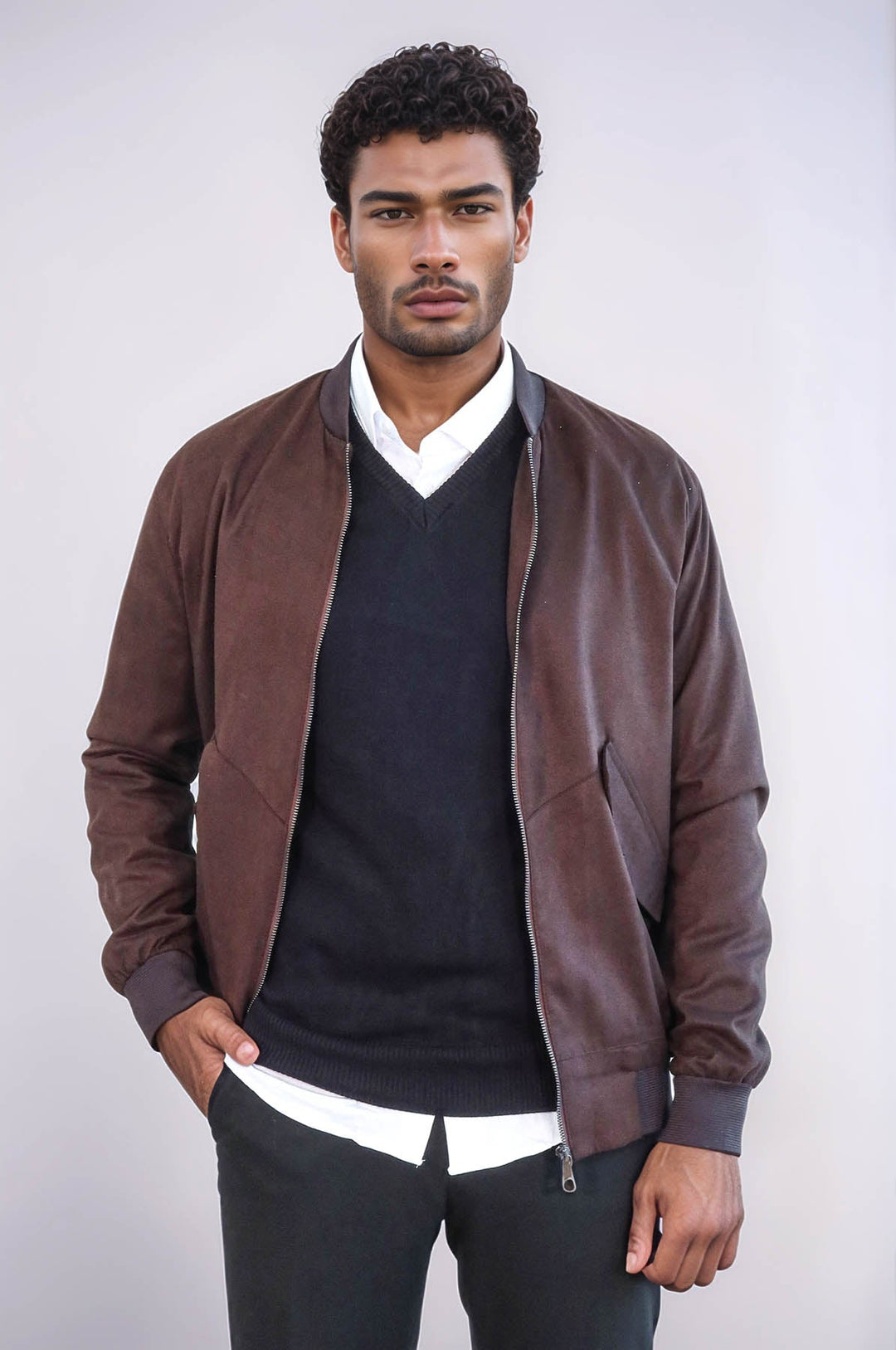 WSS Flap Pockets Suede Brown Men Bomber Coat  - Grand Junction