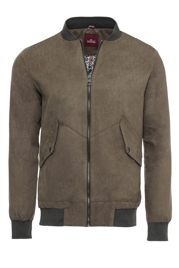 WSS Flap Pockets Suede Khaki Men Bomber Coat  - Singen