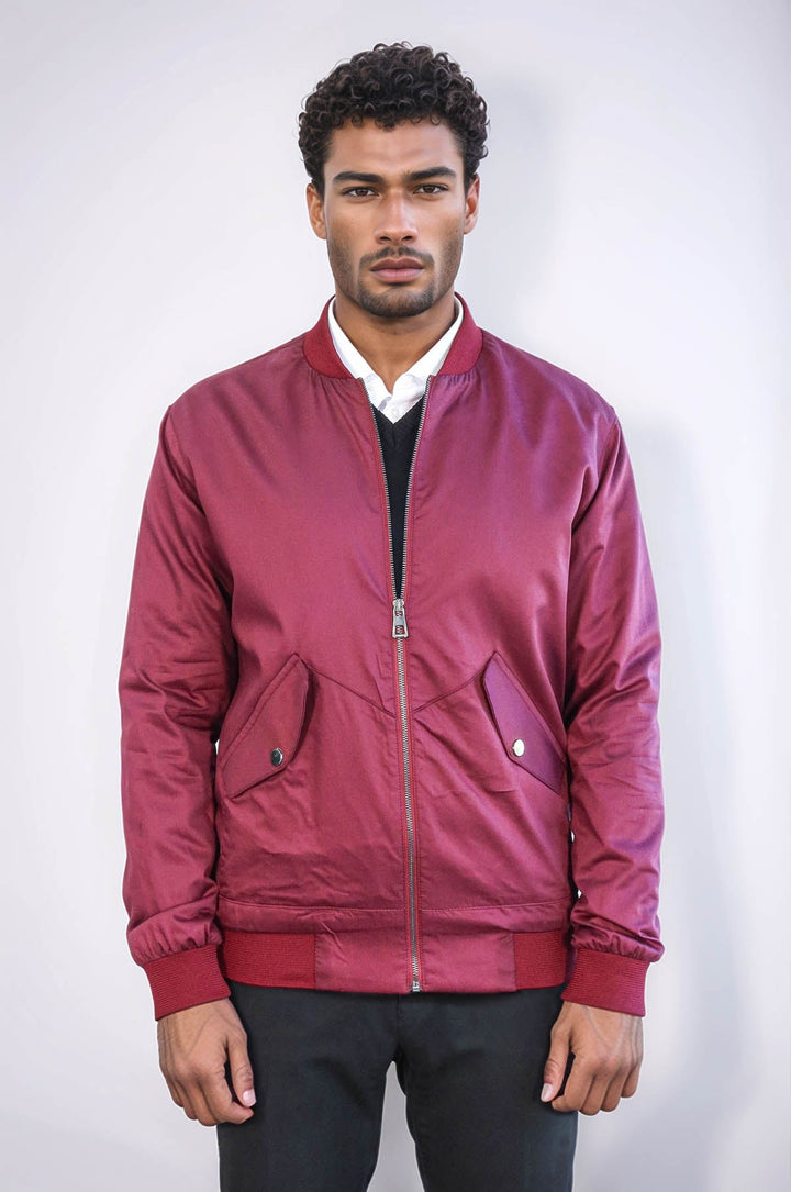 WSS Flap Pockets Zippered Burgundy Men Bomber Coat  - Valrico