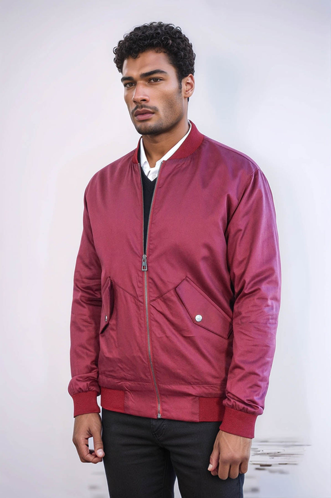 WSS Flap Pockets Zippered Burgundy Men Bomber Coat  - Valrico