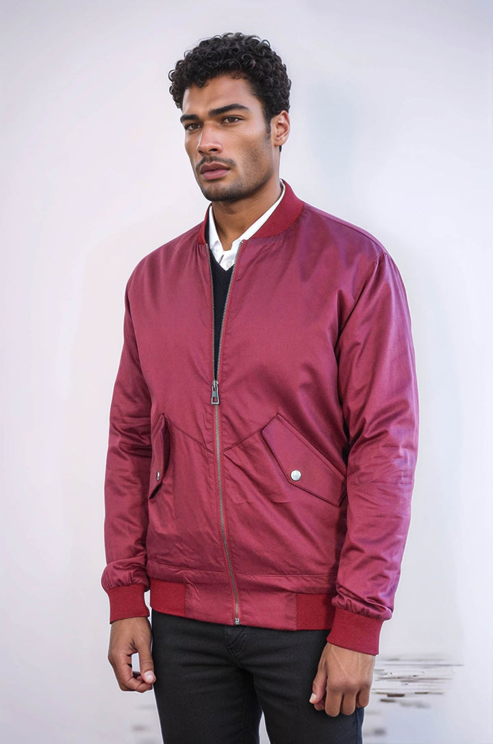 WSS Flap Pockets Zippered Burgundy Men Bomber Coat  - Valrico