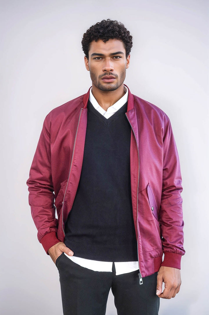 WSS Flap Pockets Zippered Burgundy Men Bomber Coat  - Valrico