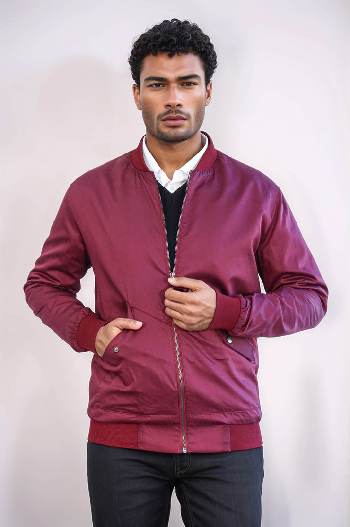 WSS Flap Pockets Zippered Burgundy Men Bomber Coat  - Valrico