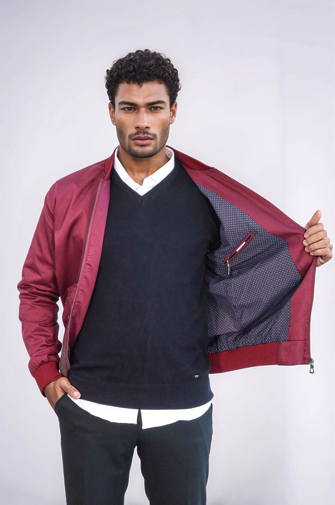WSS Flap Pockets Zippered Burgundy Men Bomber Coat  - Valrico