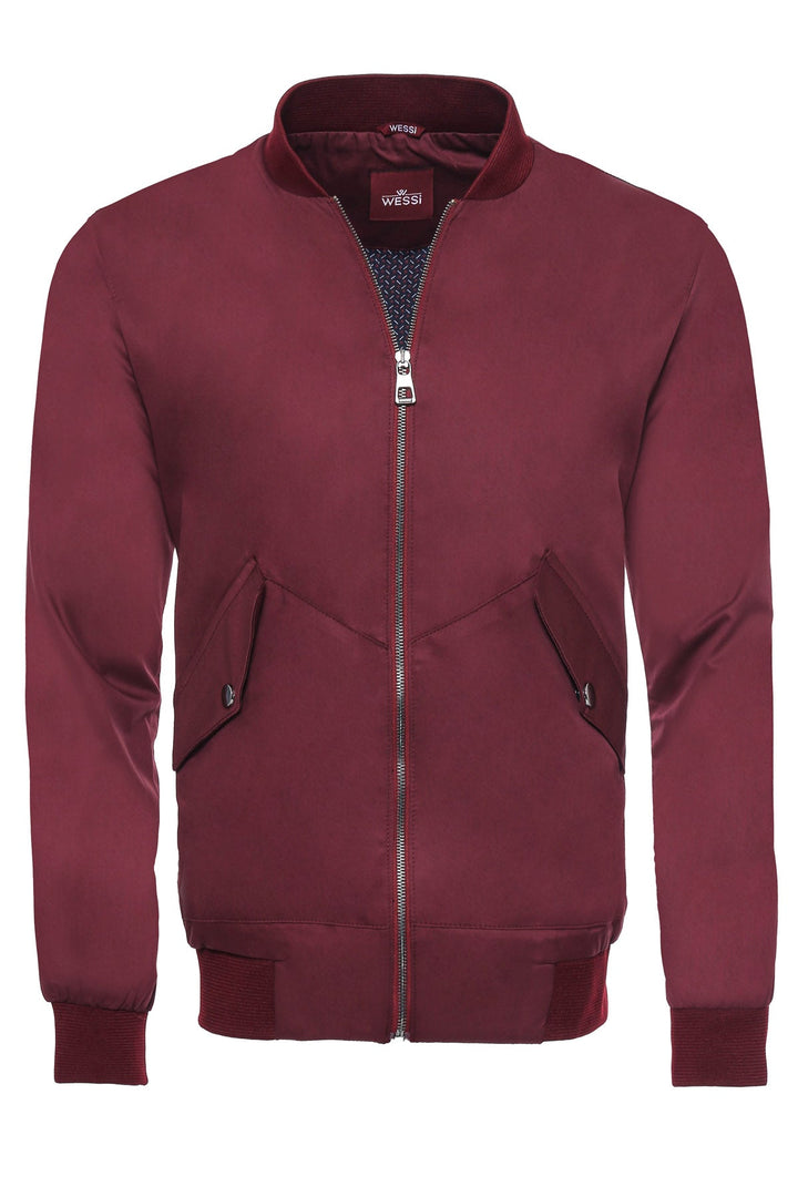 WSS Flap Pockets Zippered Burgundy Men Bomber Coat  - Singen