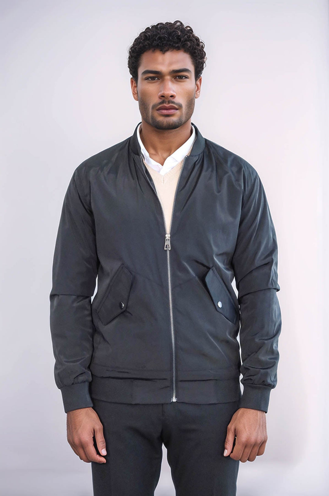 WSS Flap Pockets Zippered Black Men Bomber Coat  - Azusa