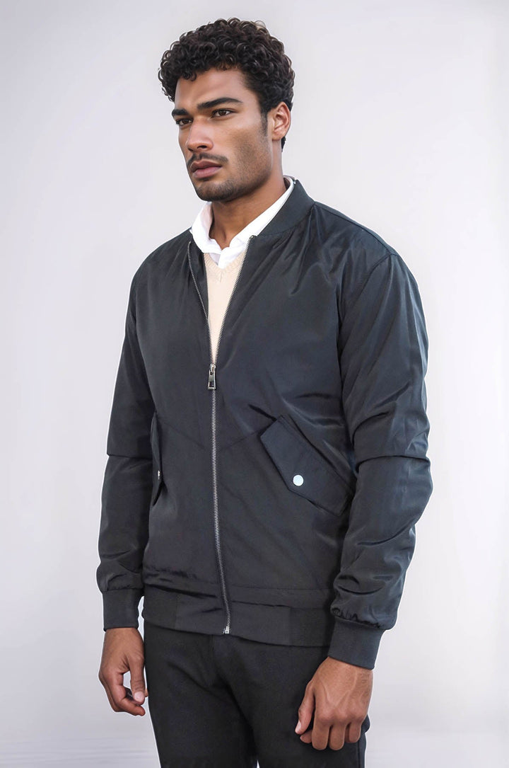 WSS Flap Pockets Zippered Black Men Bomber Coat  - Azusa