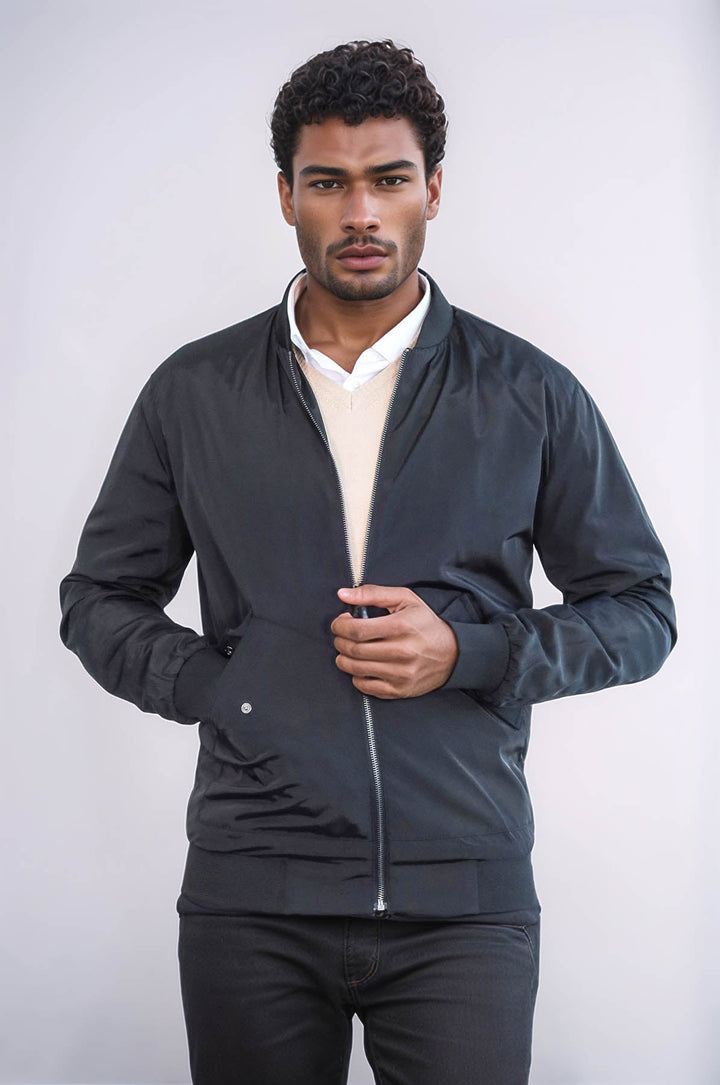WSS Flap Pockets Zippered Black Men Bomber Coat  - Azusa