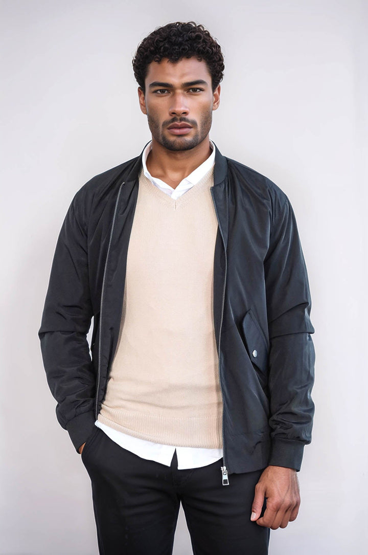WSS Flap Pockets Zippered Black Men Bomber Coat  - Azusa