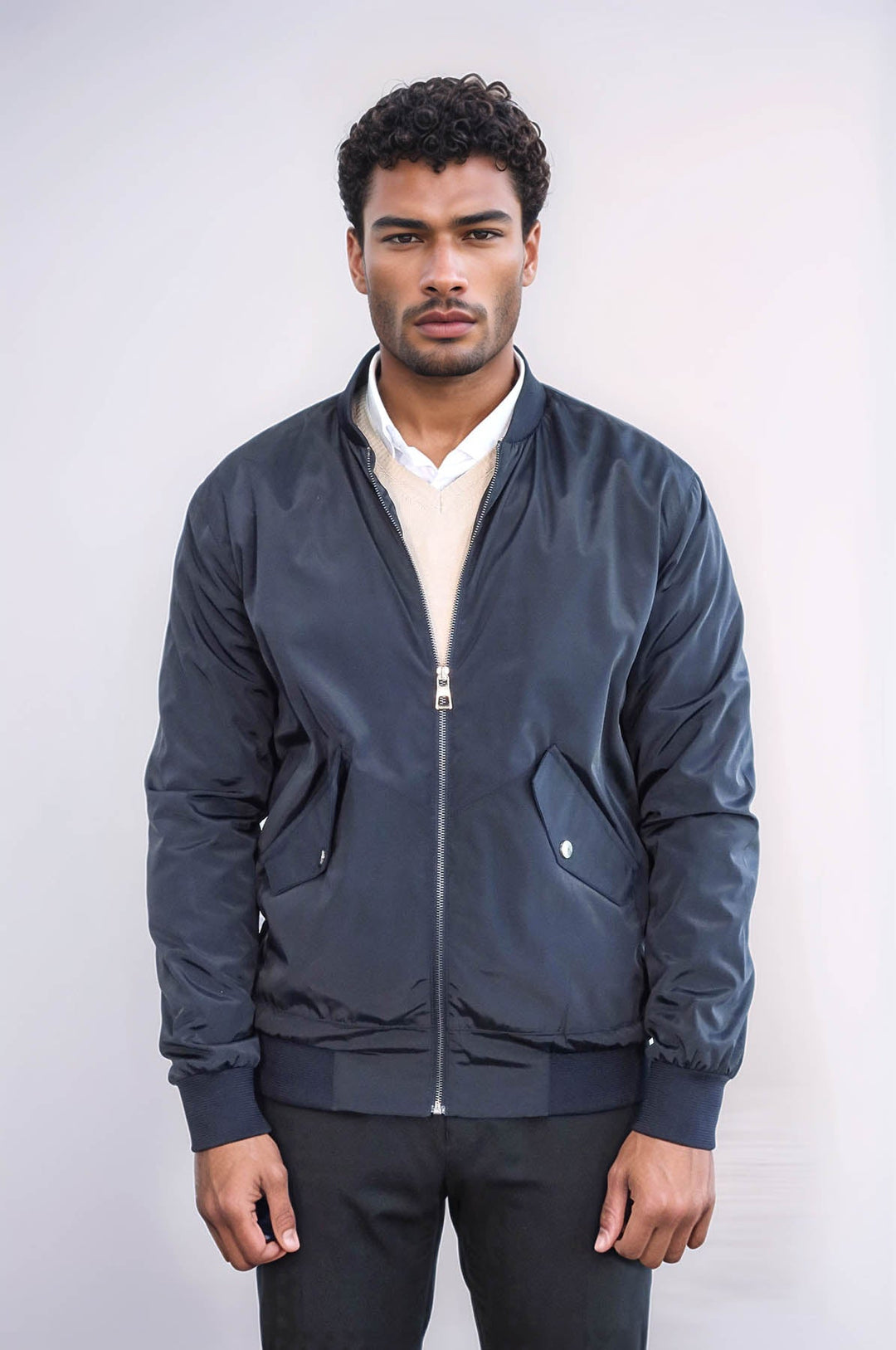WSS Zippered Flap Pockets Navy Blue Men Bomber Coat  - Celle