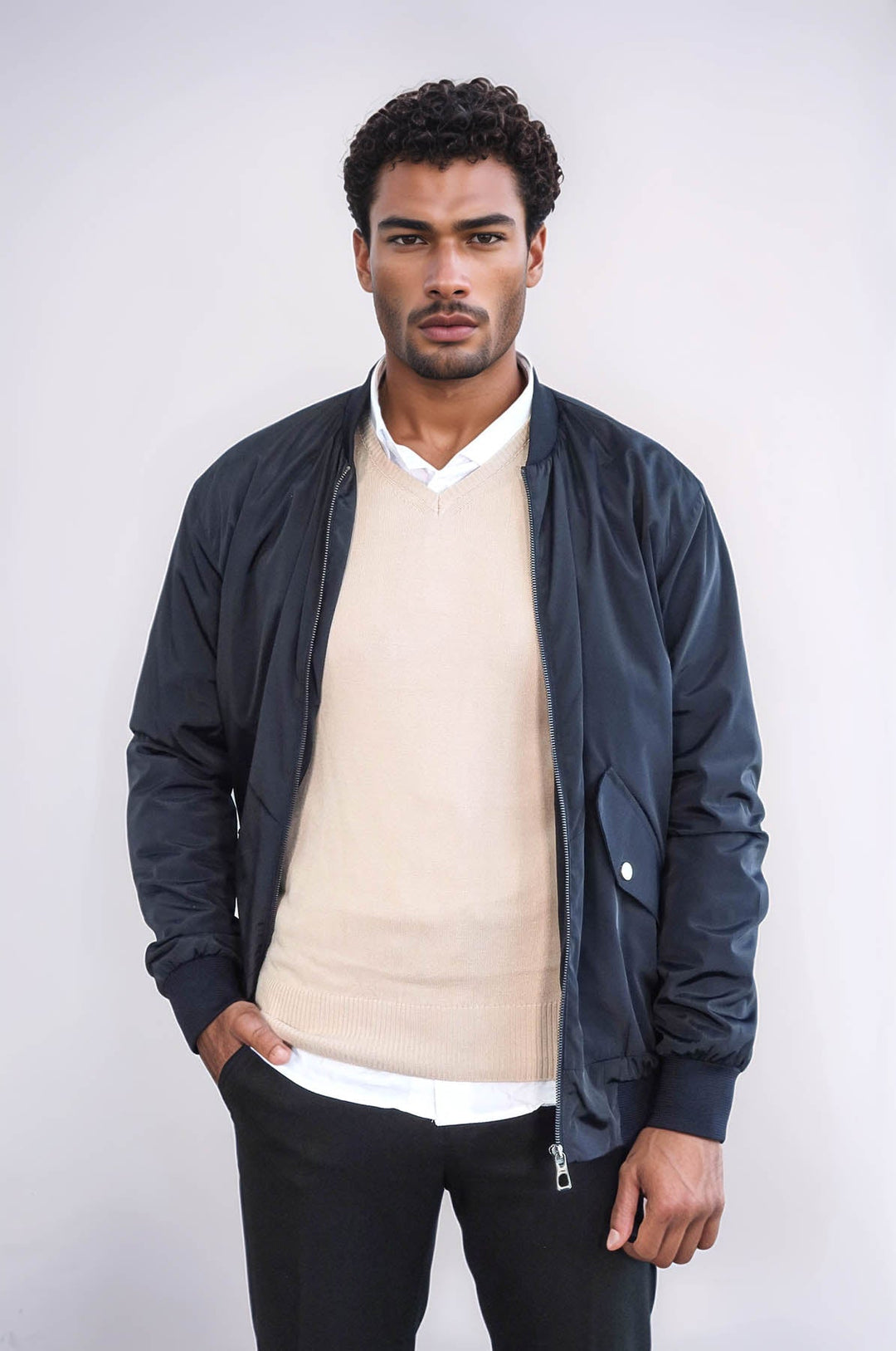 WSS Zippered Flap Pockets Navy Blue Men Bomber Coat  - Celle