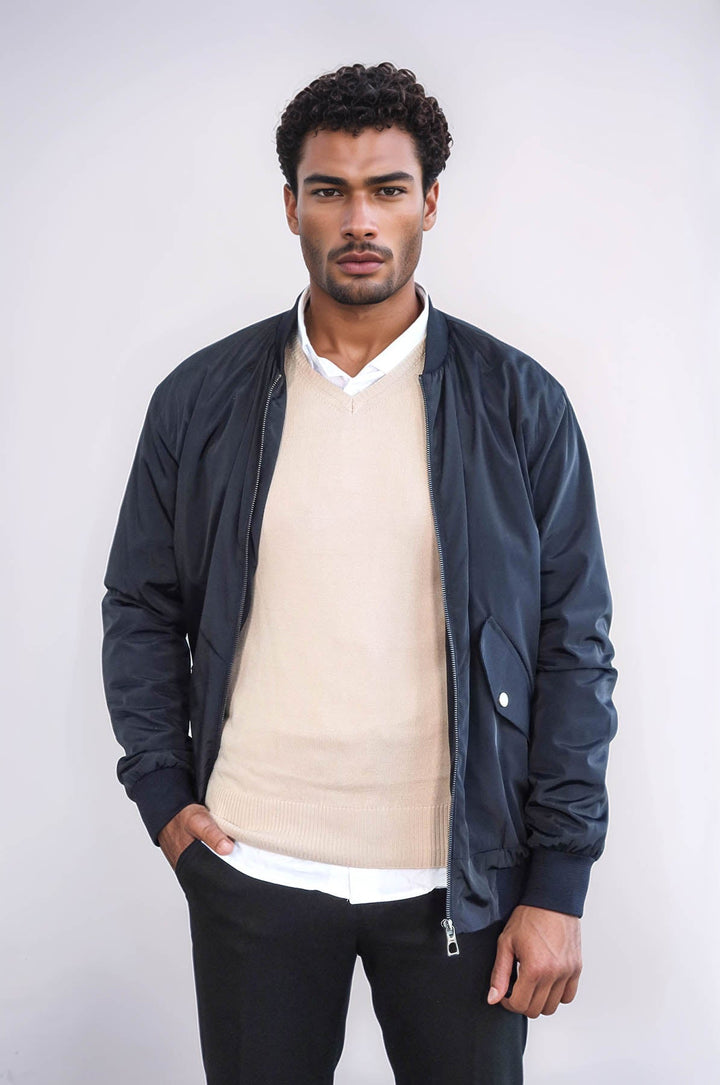 WSS Zippered Flap Pockets Navy Blue Men Bomber Coat  - Celle