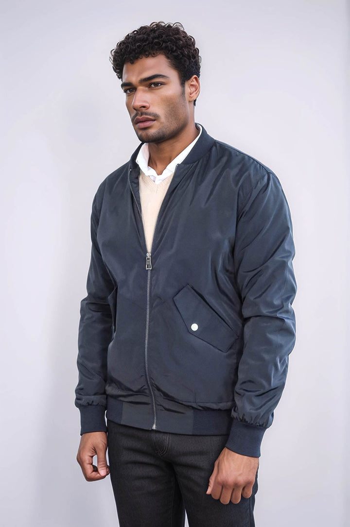 WSS Zippered Flap Pockets Navy Blue Men Bomber Coat  - Celle