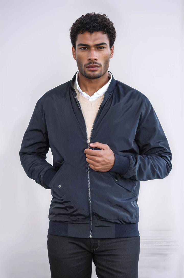 WSS Zippered Flap Pockets Navy Blue Men Bomber Coat  - Celle