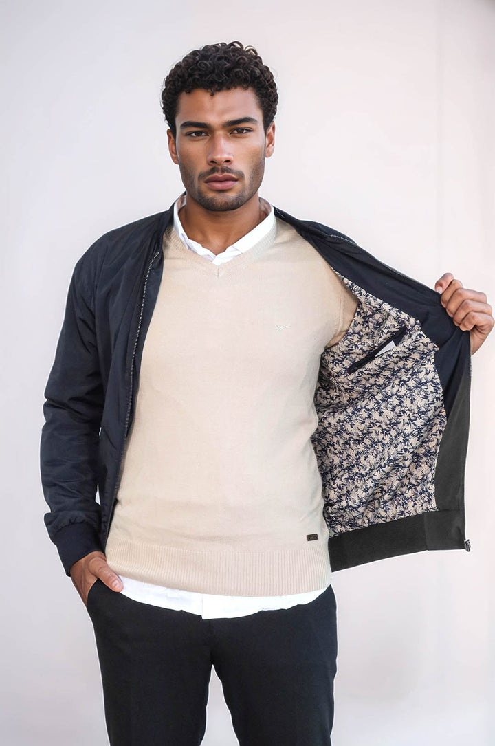 WSS Zippered Flap Pockets Navy Blue Men Bomber Coat  - Celle