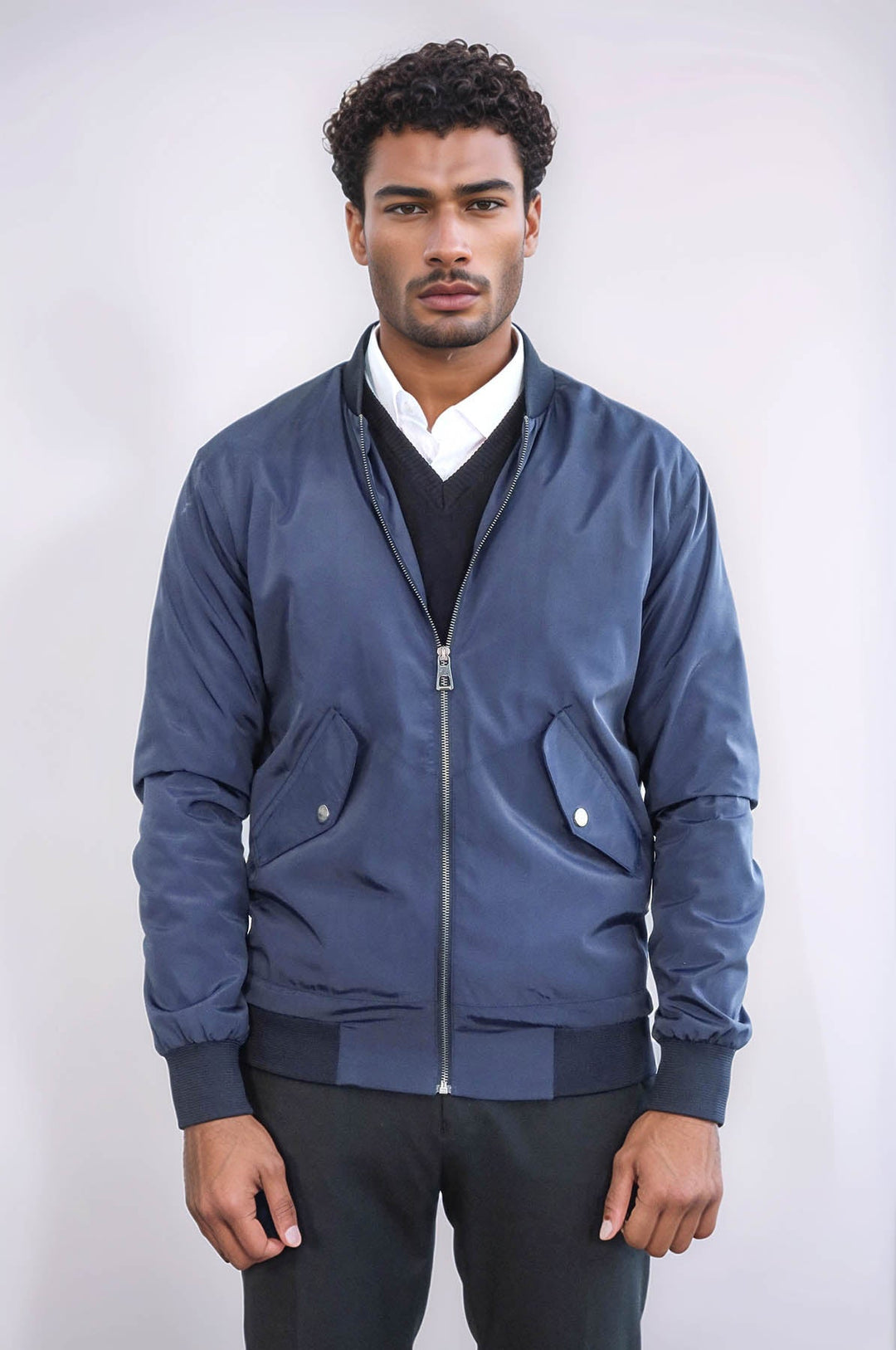 WSS Flap Pockets Zippered Blue Men Bomber Coat  - Casper