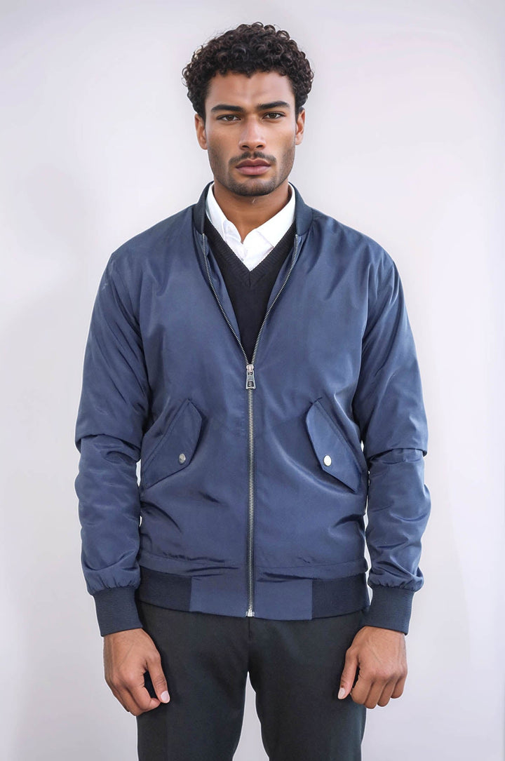 WSS Flap Pockets Zippered Blue Men Bomber Coat  - Casper