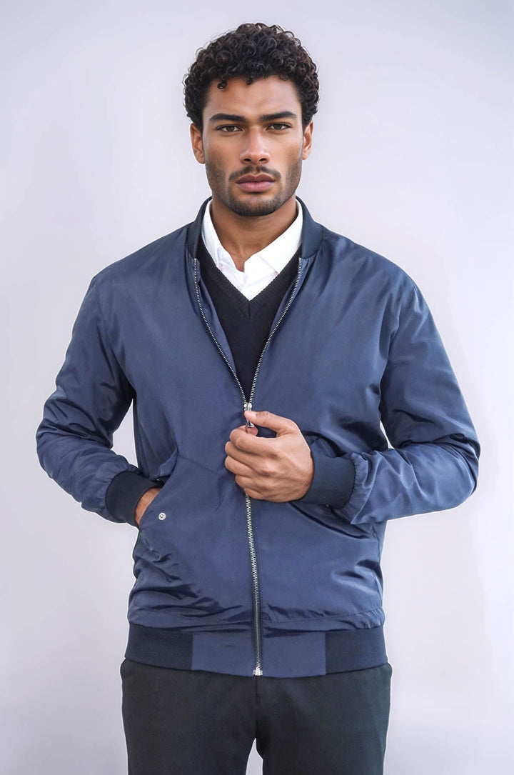 WSS Flap Pockets Zippered Blue Men Bomber Coat  - Casper