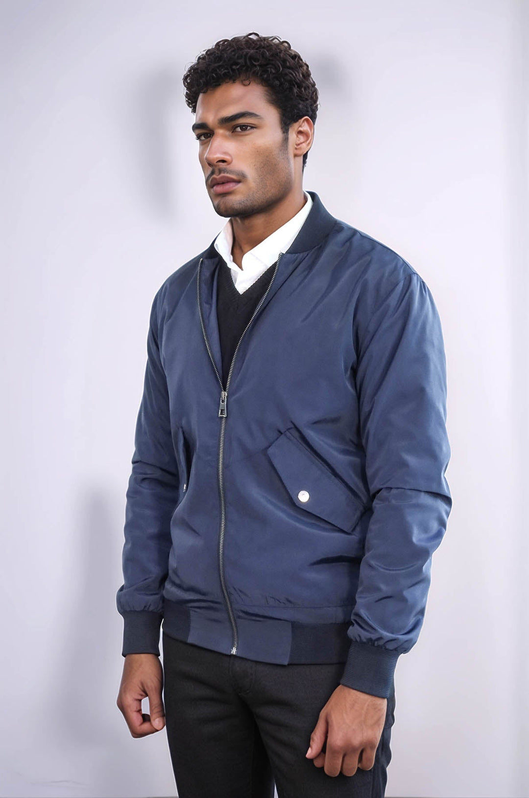 WSS Flap Pockets Zippered Blue Men Bomber Coat  - Casper