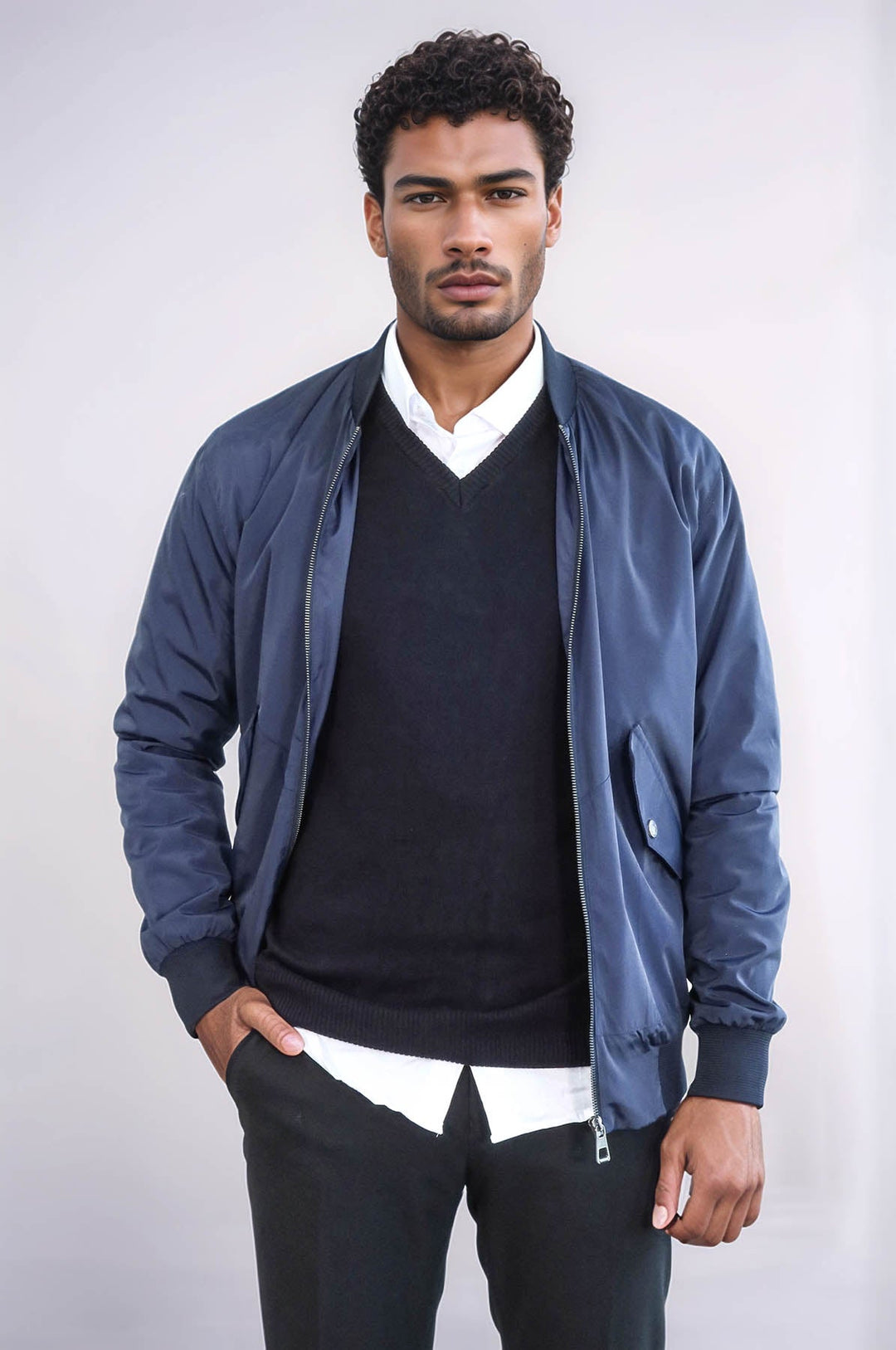 WSS Flap Pockets Zippered Blue Men Bomber Coat  - Casper