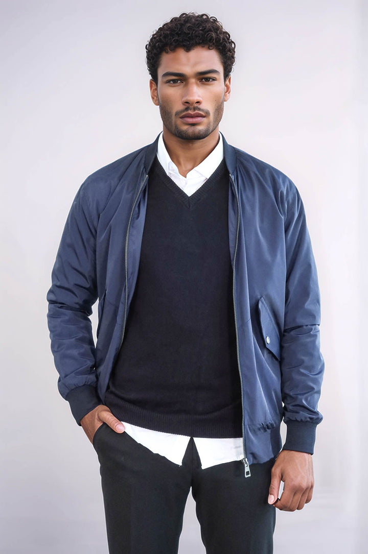 WSS Flap Pockets Zippered Blue Men Bomber Coat  - Casper