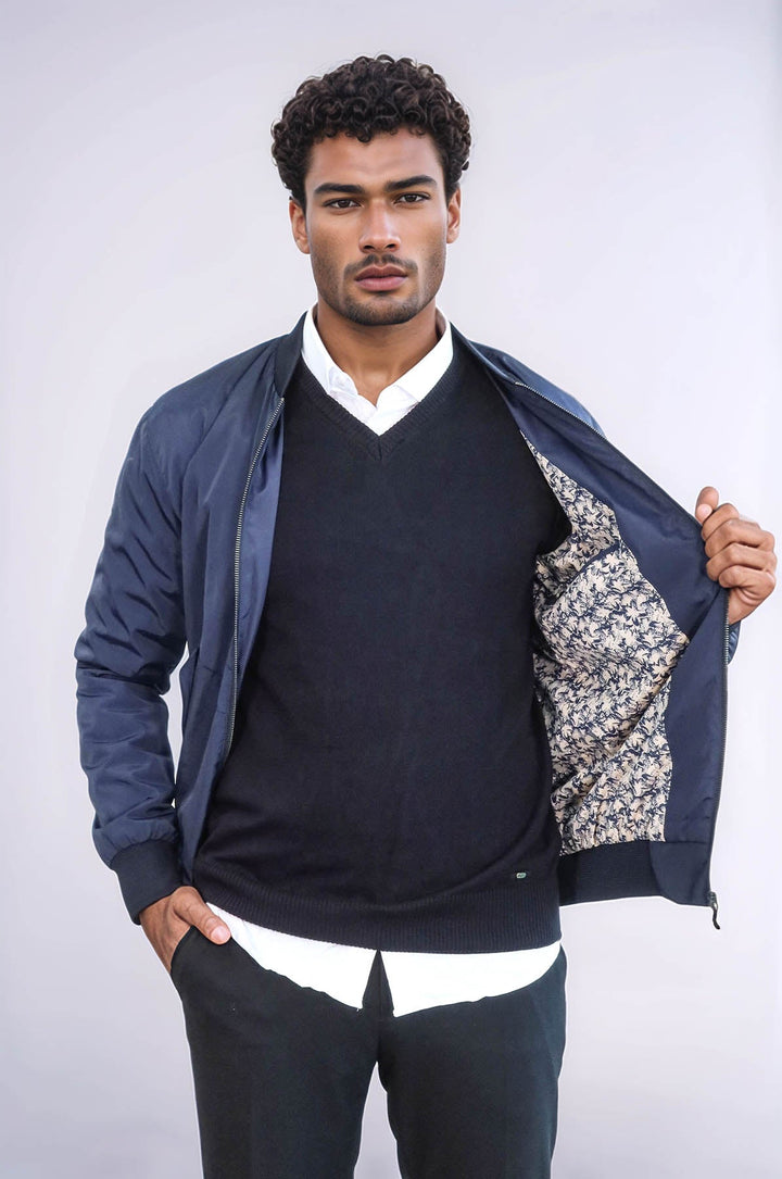 WSS Flap Pockets Zippered Blue Men Bomber Coat  - Casper