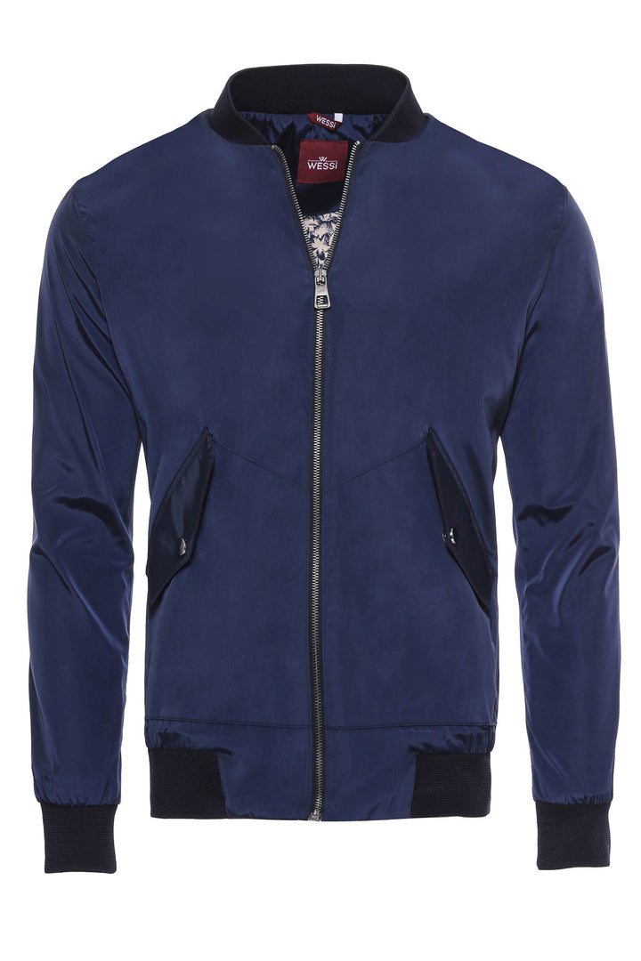 WSS Flap Pockets Zippered Blue Men Bomber Coat  - Singen