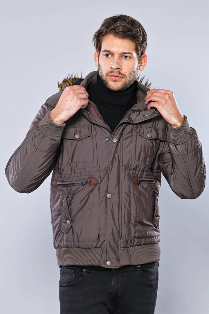WSS 6 Pocket Bondite Zippered Hooded Brown Coat- - Ciudad Constitución