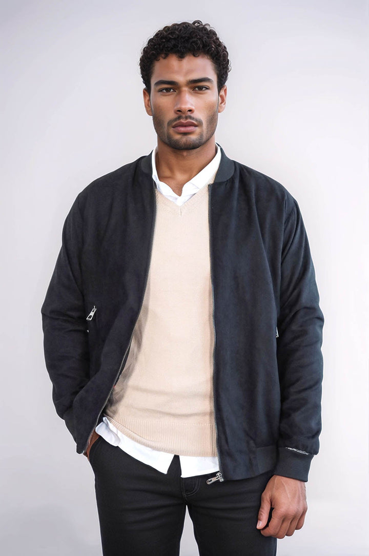 WSS Plain Zippered Pockets Black Men Bomber Coat  - Rotterdam