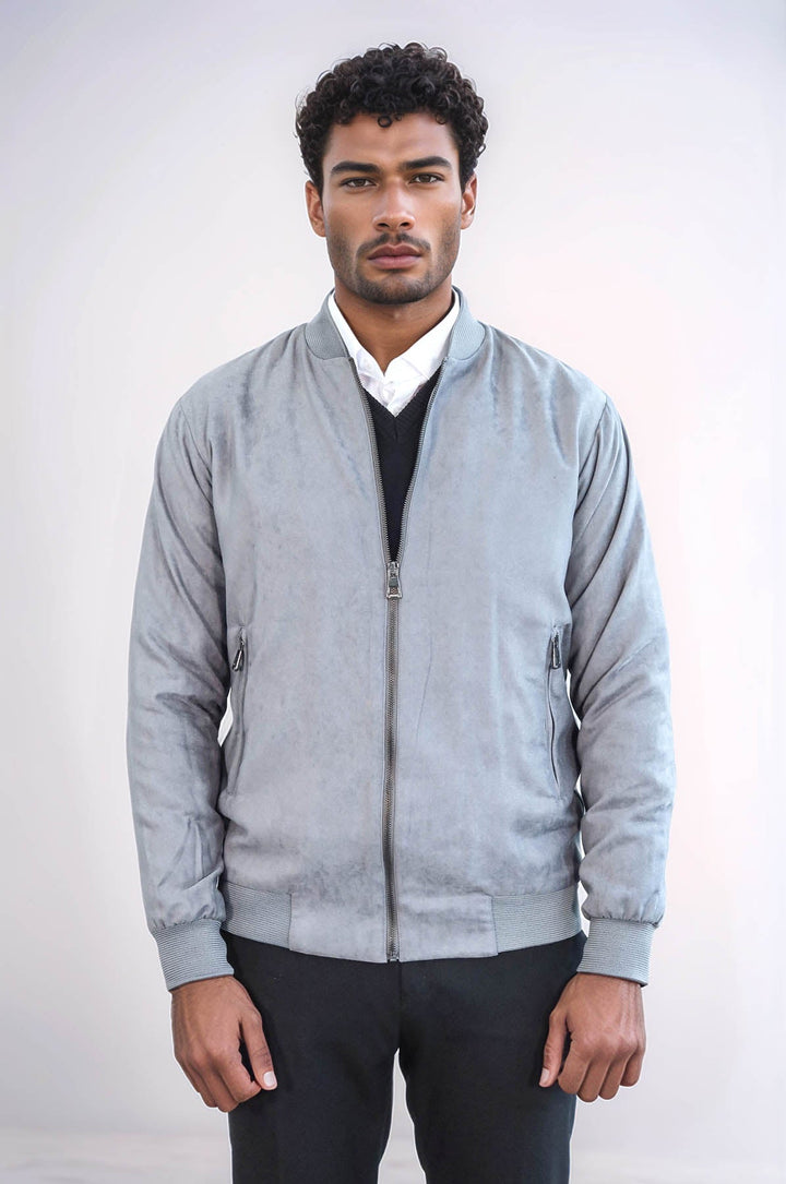 WSS Plain Zippered Pockets Grey Men Bomber Coat  - Chino Hills