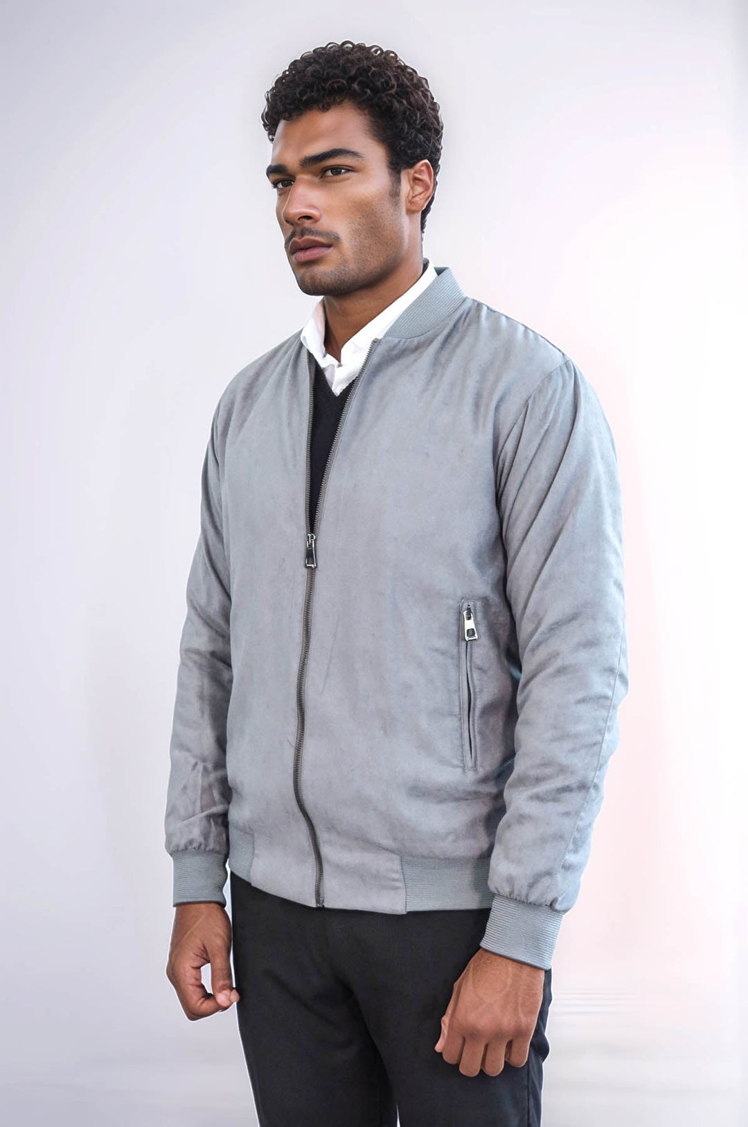 WSS Plain Zippered Pockets Grey Men Bomber Coat  - Chino Hills