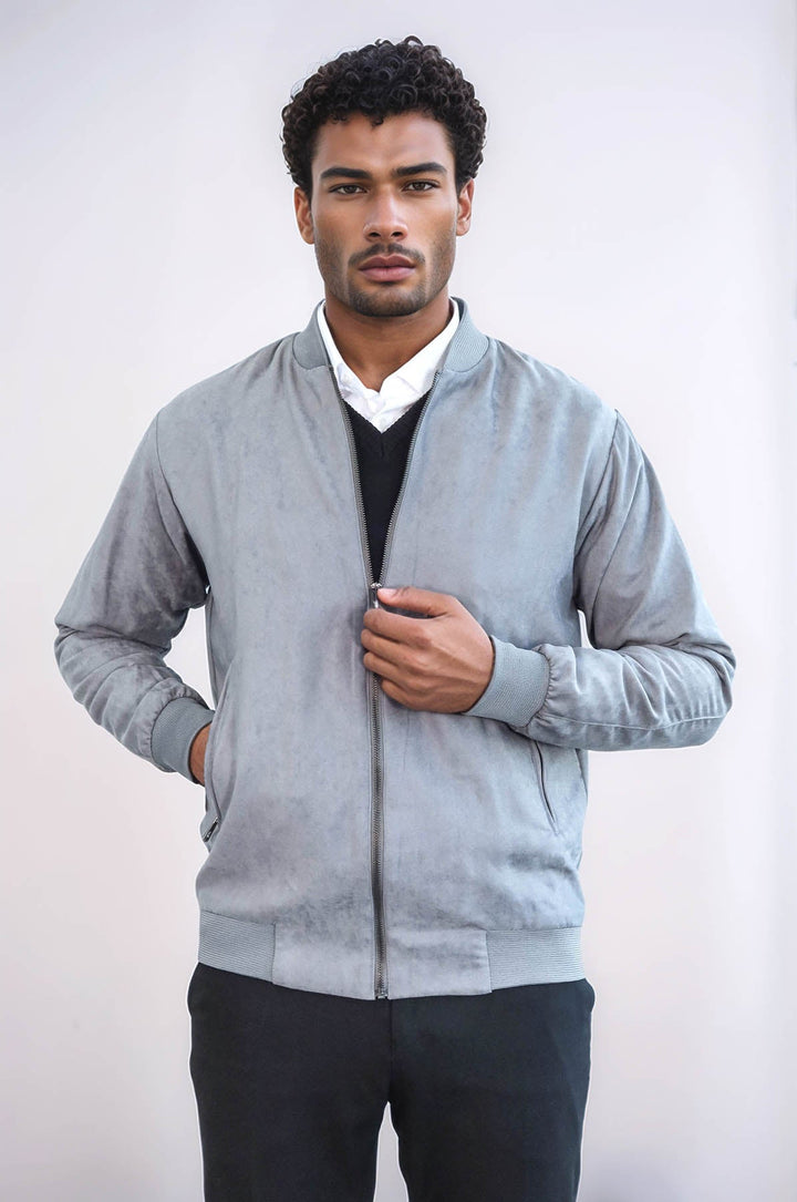 WSS Plain Zippered Pockets Grey Men Bomber Coat  - Chino Hills