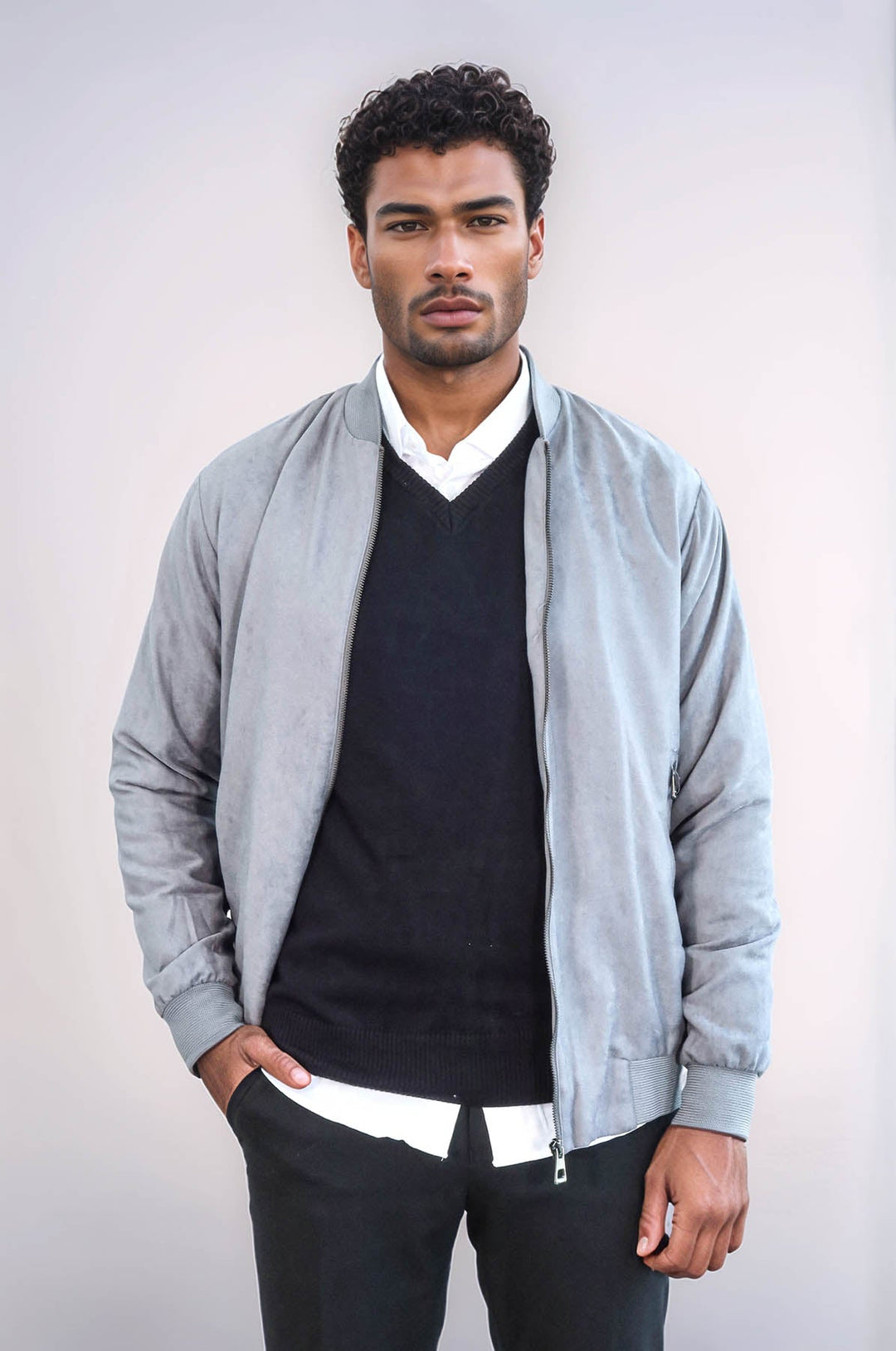 WSS Plain Zippered Pockets Grey Men Bomber Coat  - Chino Hills
