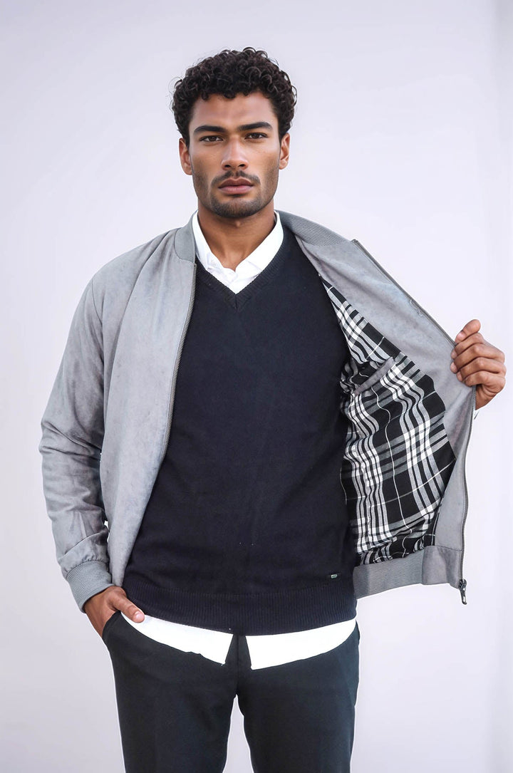 WSS Plain Zippered Pockets Grey Men Bomber Coat  - Chino Hills