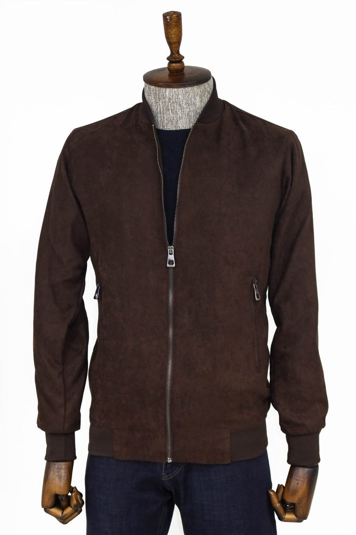 WSS Plain Zippered Pockets Brown Men Bomber Coat  - Singen