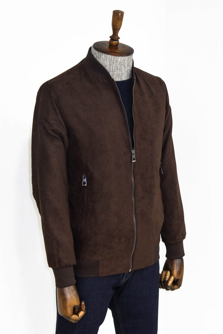 WSS Plain Zippered Pockets Brown Men Bomber Coat  - Singen
