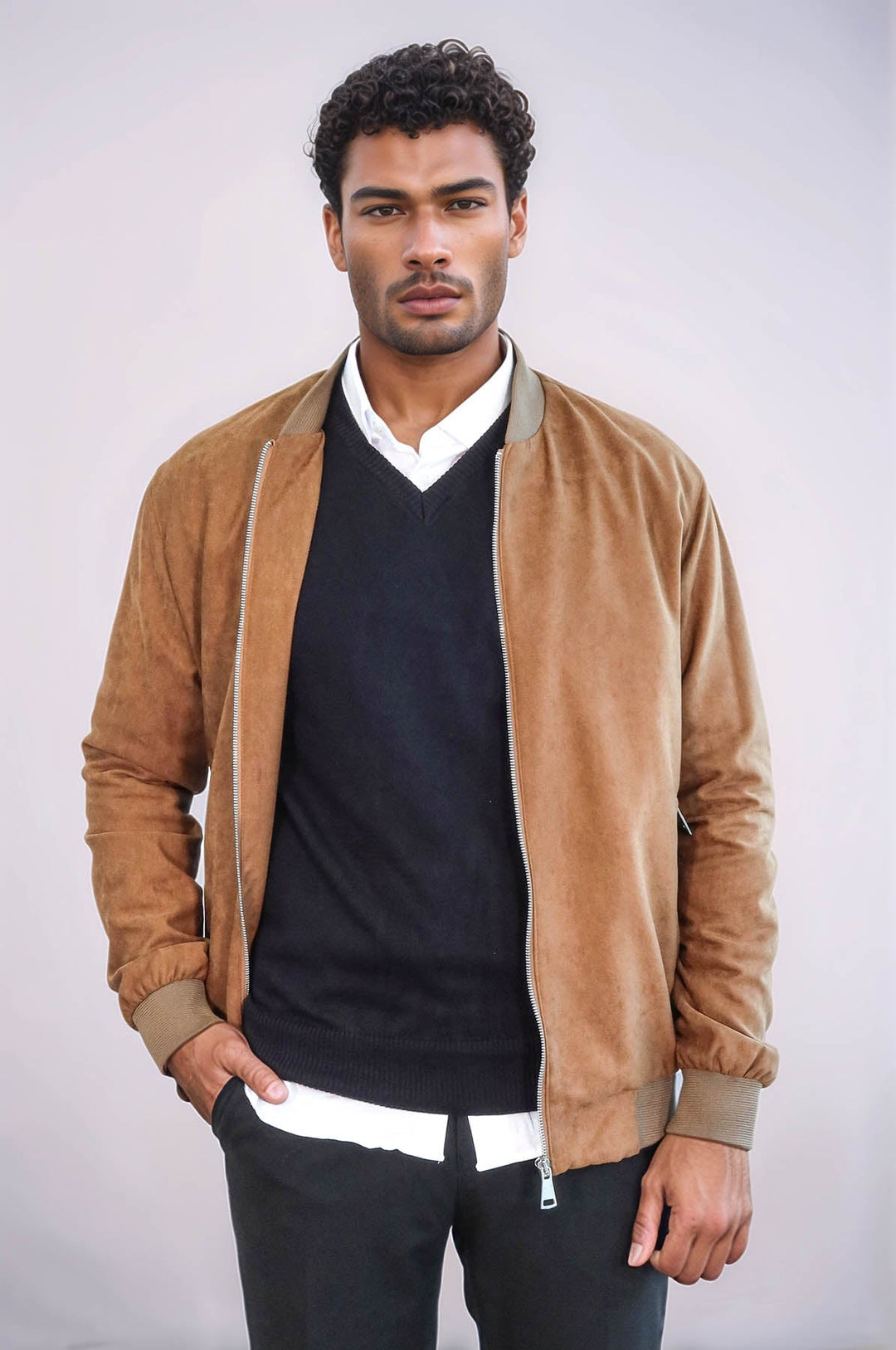 WSS Plain Zippered Pockets Tan Men Bomber Coat  - Pueblo