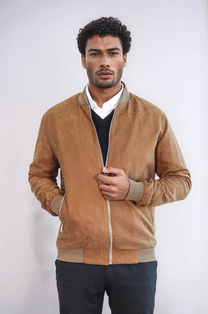 WSS Plain Zippered Pockets Tan Men Bomber Coat  - Pueblo