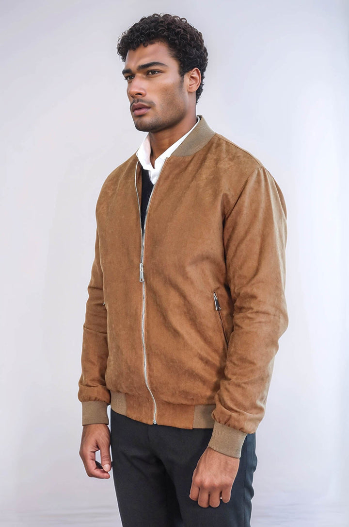 WSS Plain Zippered Pockets Tan Men Bomber Coat  - Pueblo