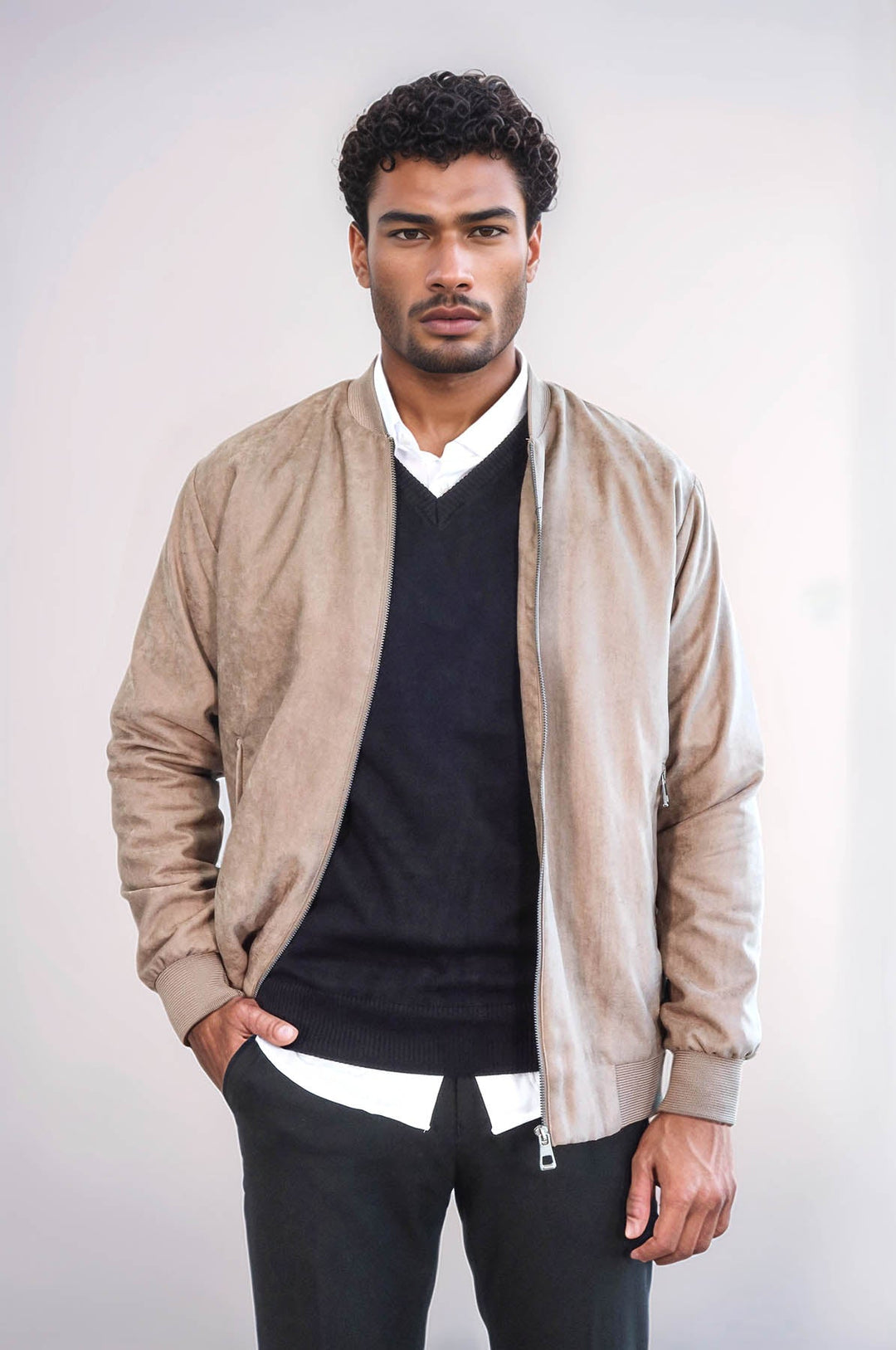WSS Plain Zippered Pockets Cream Men Bomber Coat  - Turnhout