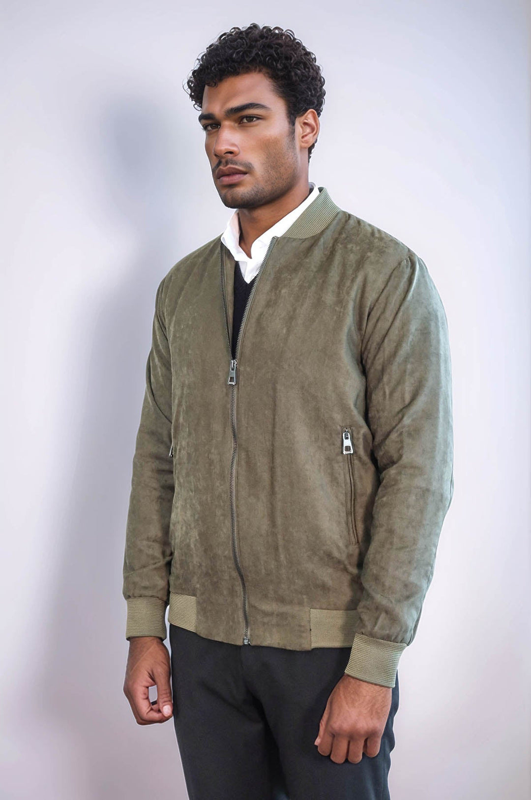 WSS Plain Zippered Pockets Light Green Men Bomber Coat  - Cluj-Napoca