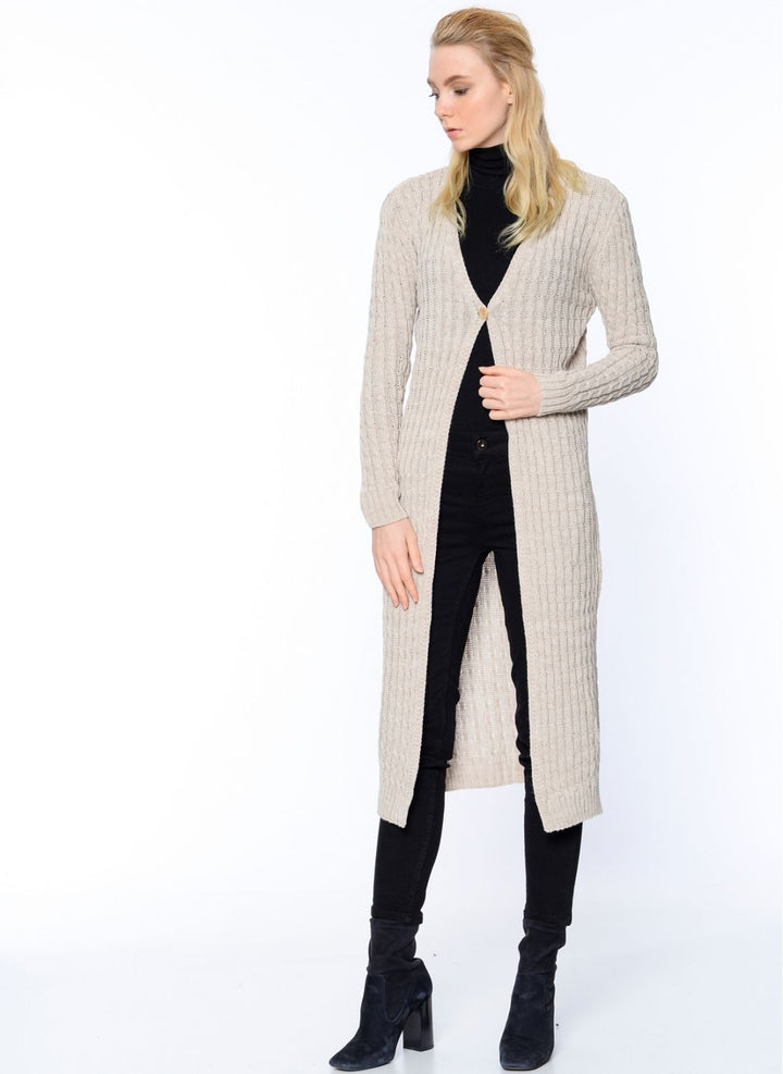 SNS Sense Beige Cable Knit V-Neck Single Button Long Cardigan - Sioux Falls