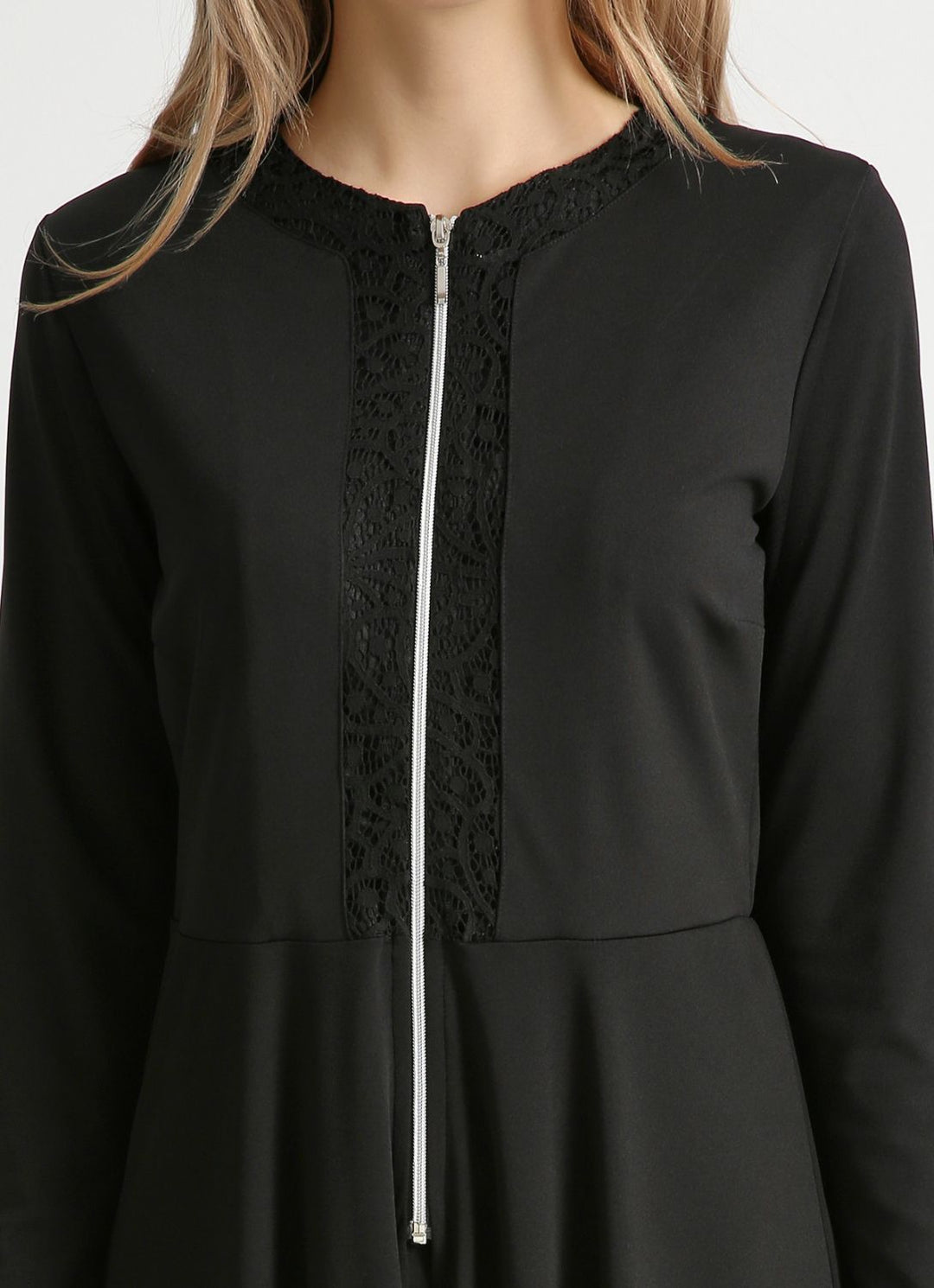 SNS Sense Black Front Zippered Dress with Lace Trimmed Collar - Buzău