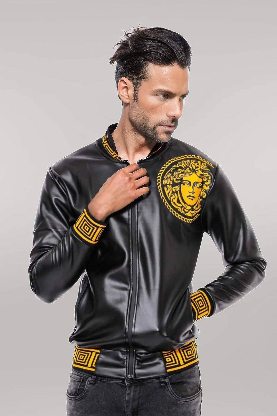 WSS Black Leather Touch Printed Seasonal Coat  - Singen