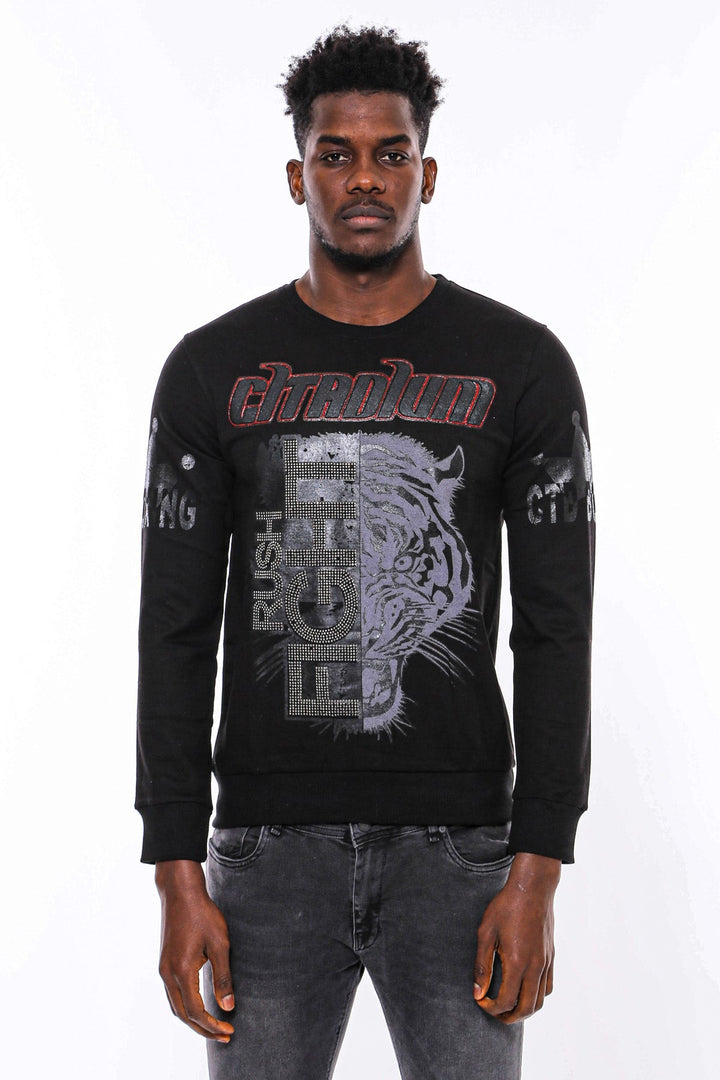 WSS Hooded Silver Grey Tiger Patterned Black Slim Fit Sweatshirt  - Six-Fours-les-Plages