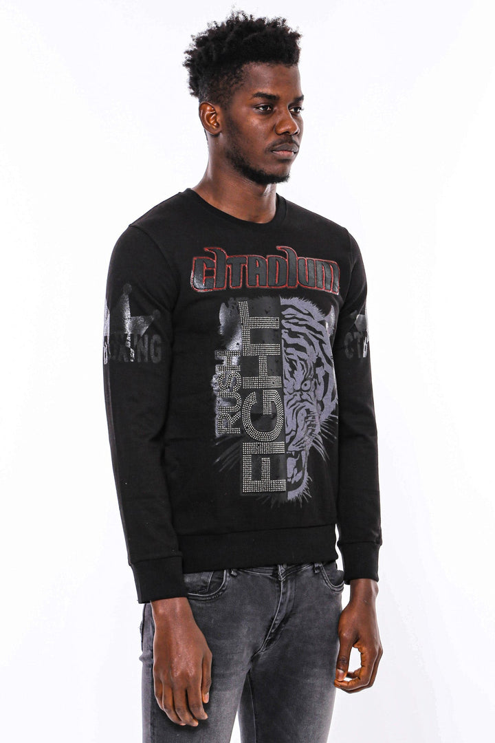 WSS Hooded Silver Grey Tiger Patterned Black Slim Fit Sweatshirt  - Six-Fours-les-Plages